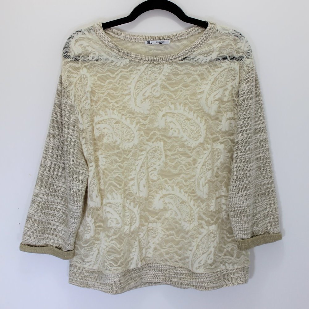 GRIFFLIN PARIS Boatneck Paisley Knit 3/4  Top Lg